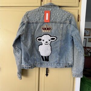 Denim Jacket with Sheep and Crown Patch  and Pearl Accents